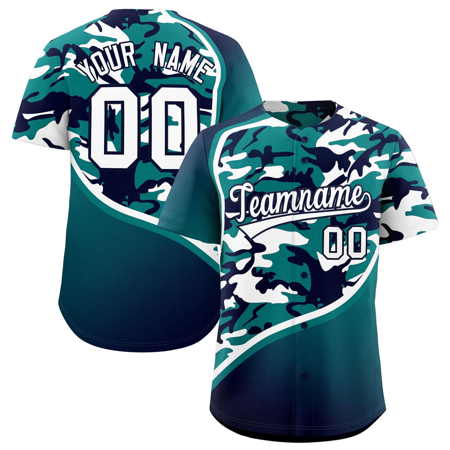 Custom Teal Navy White Camo Gradient Fashion Baseball Jersey | BuyFootballJersey