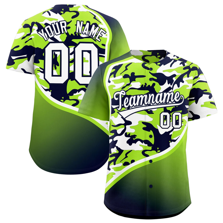 Custom Neon Green Navy White Camo Gradient Fashion Baseball Jersey | BuyFootballJersey