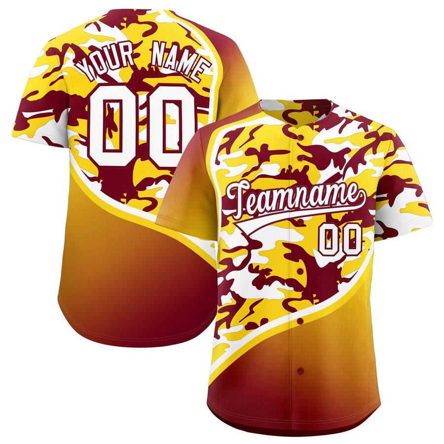 Custom Crimson Gold White Camo Gradient Fashion Baseball Jersey | BuyFootballJersey