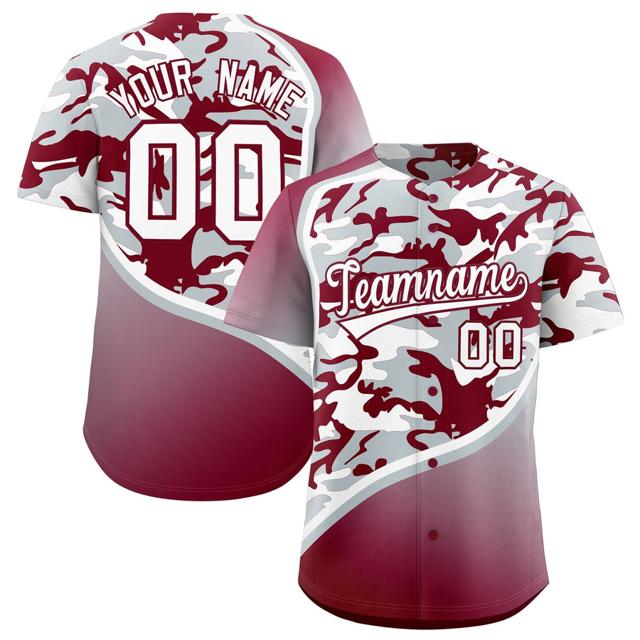 Custom Silver Crimson White Camo Gradient Fashion Baseball Jersey | BuyFootballJersey