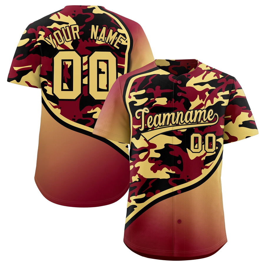 Custom Crimson Black Khaki Camo Gradient Fashion Baseball Jersey | BuyFootballJersey