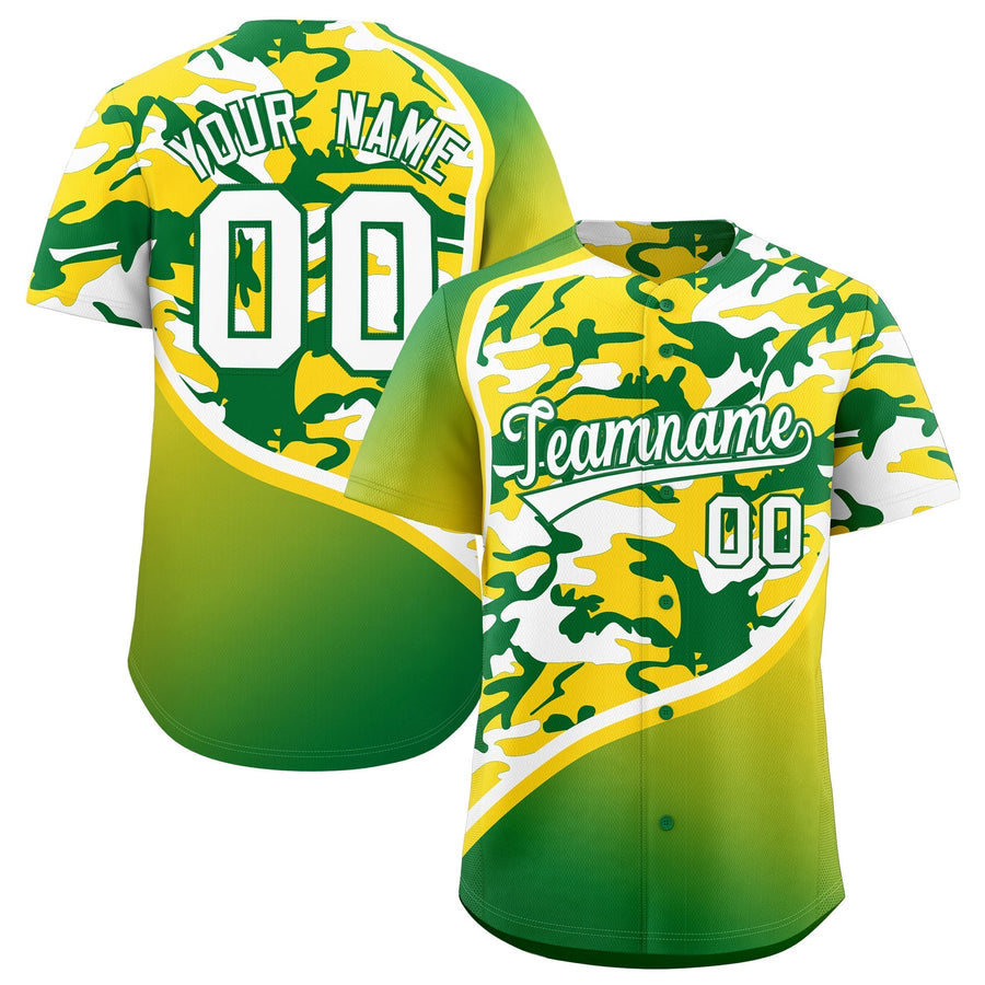 Custom Gold Kelly Green White Camo Gradient Fashion Baseball Jersey | BuyFootballJersey
