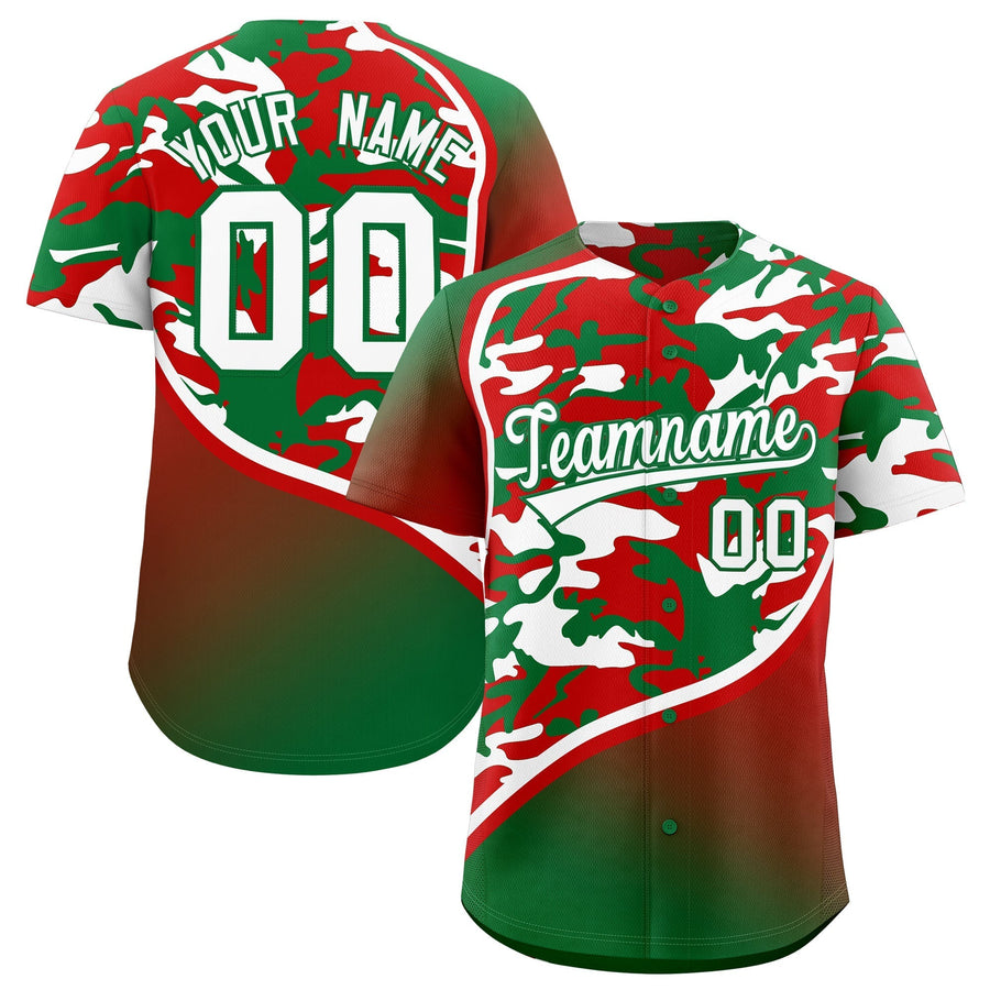 Custom Red Kelly Green White Camo Gradient Fashion Baseball Jersey | BuyFootballJersey