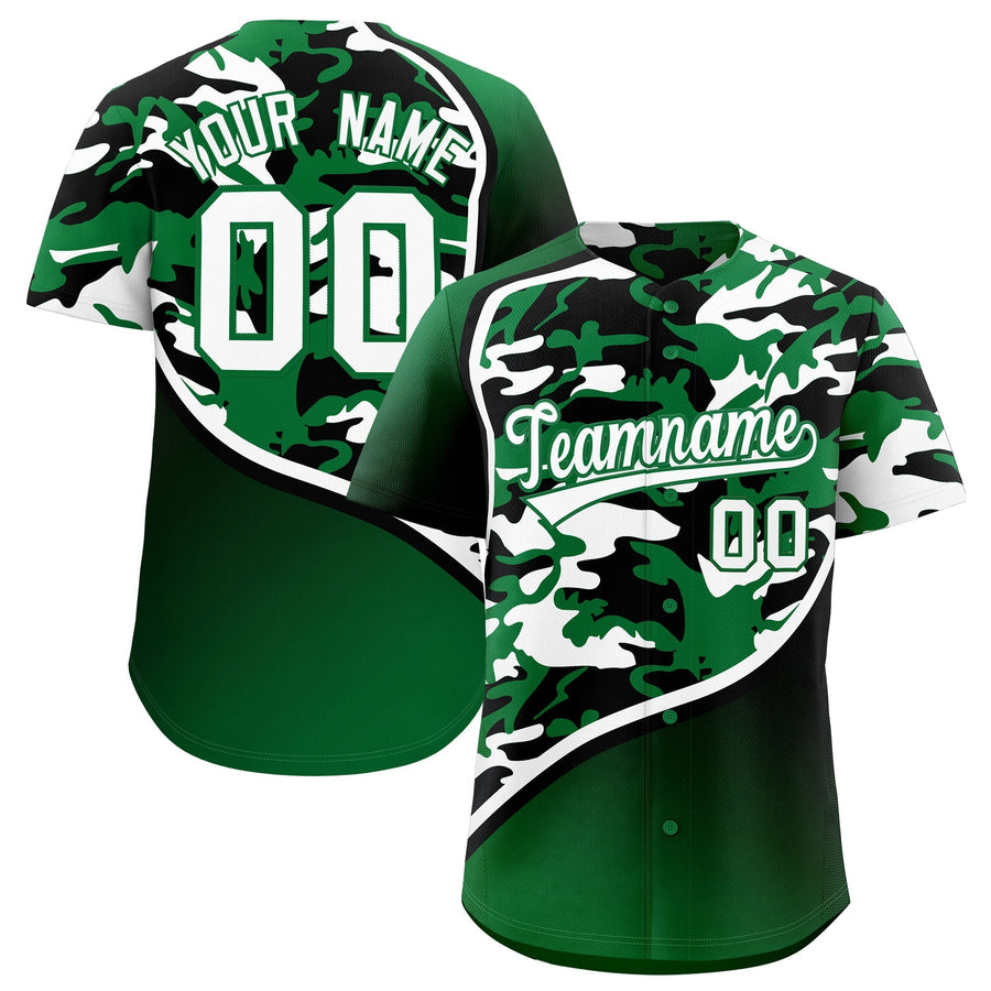 Custom Kelly Green Black White Camo Gradient Fashion Baseball Jersey | BuyFootballJersey