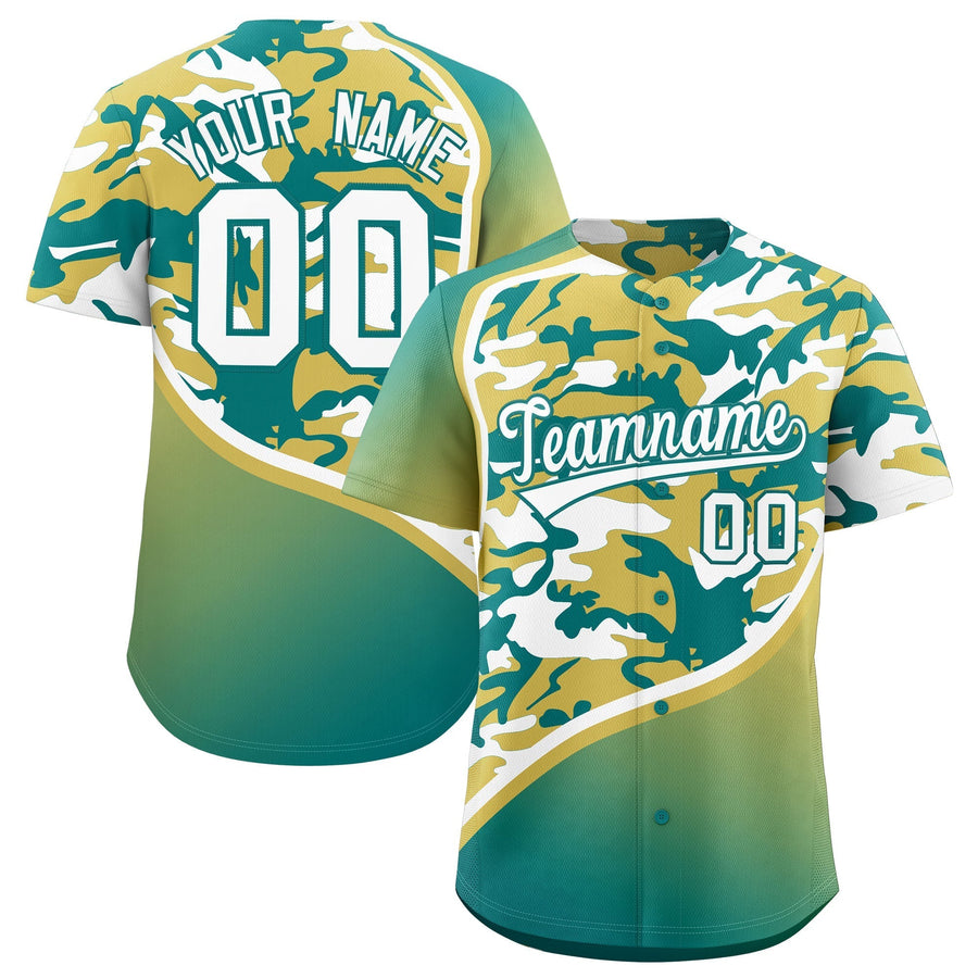 Custom Old Gold Teal White Camo Gradient Fashion Baseball Jersey | BuyFootballJersey
