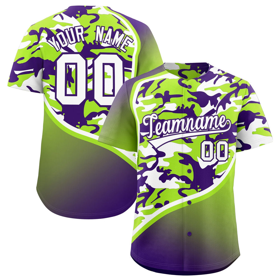 Custom Neon Green Purple White Camo Gradient Fashion Baseball Jersey | BuyFootballJersey