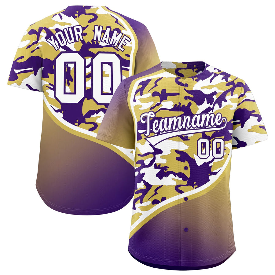 Custom Old Gold Purple White Camo Gradient Fashion Baseball Jersey | BuyFootballJersey