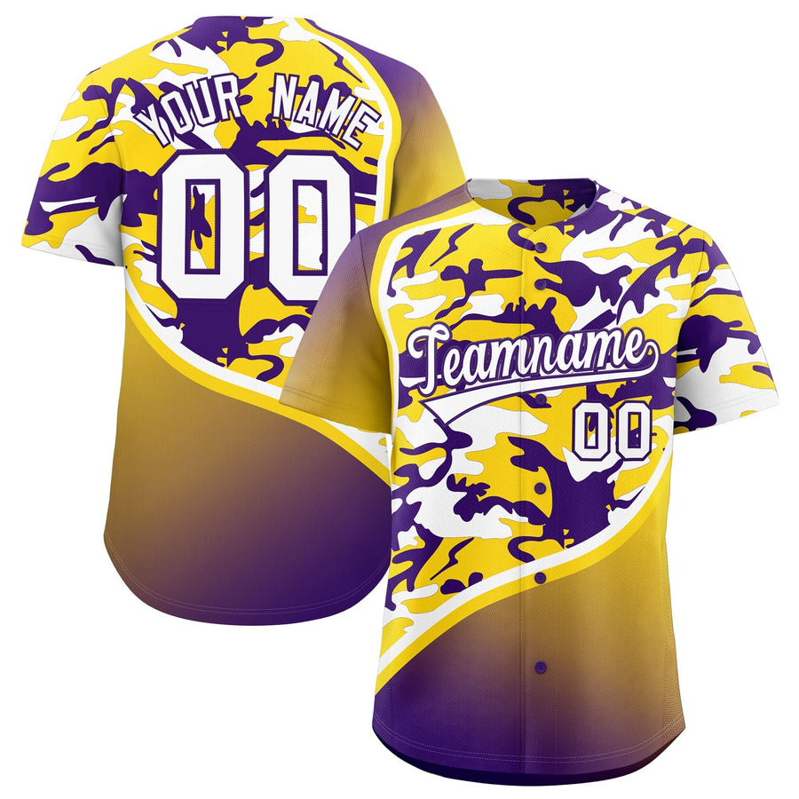 Custom Gold Purple White Camo Gradient Fashion Baseball Jersey | BuyFootballJersey