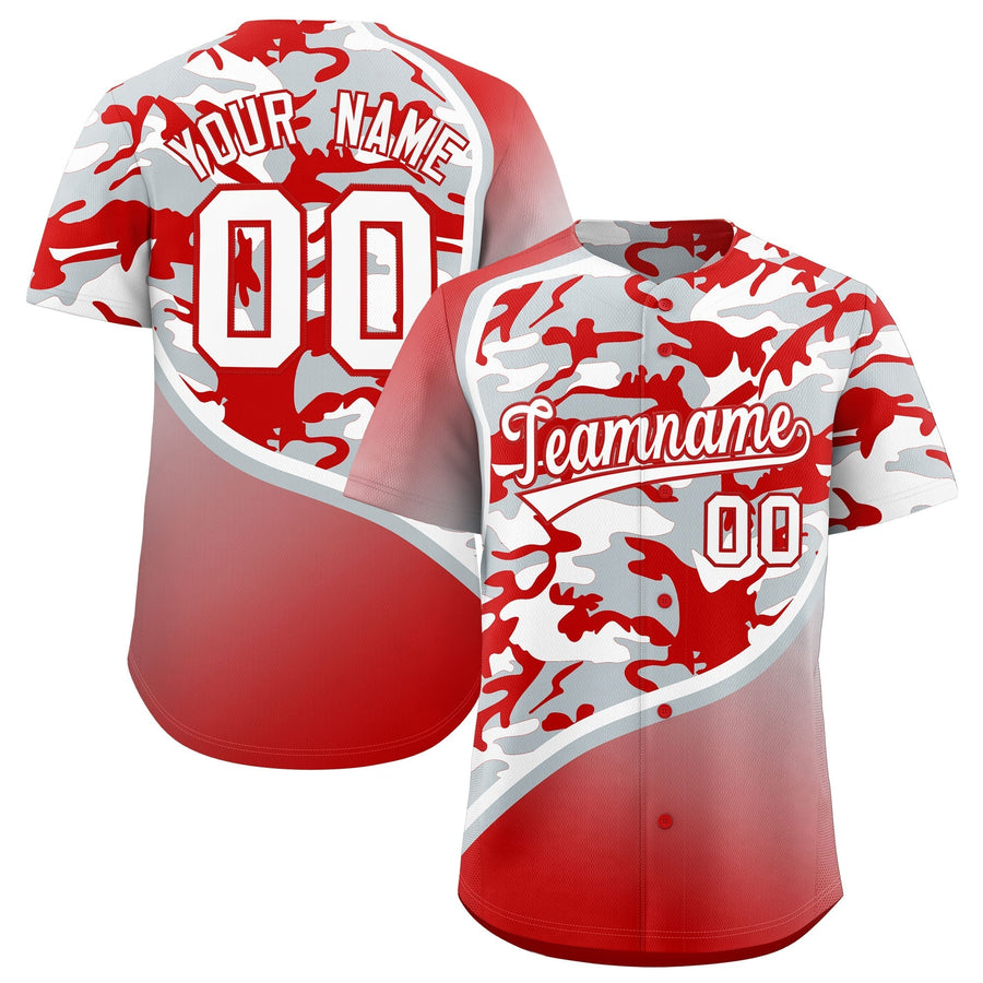 Custom Silver Red White Camo Gradient Fashion Baseball Jersey | BuyFootballJersey
