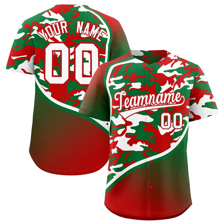 Custom Kelly Green Red White Camo Gradient Fashion Baseball Jersey | BuyFootballJersey