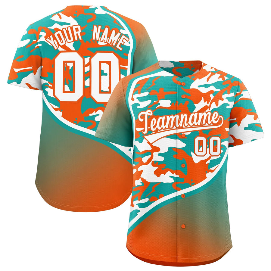 Custom Aqua White Orange Camo Gradient Fashion Baseball Jersey | BuyFootballJersey