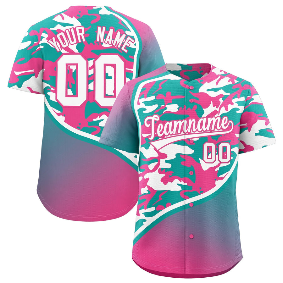 Custom Aqua White Pink Camo Gradient Fashion Baseball Jersey | BuyFootballJersey