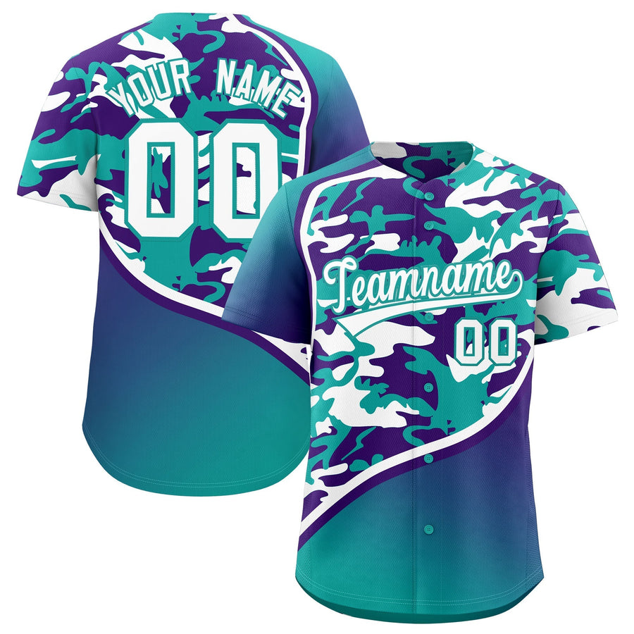 Custom Aqua Purple White Camo Gradient Fashion Baseball Jersey | BuyFootballJersey