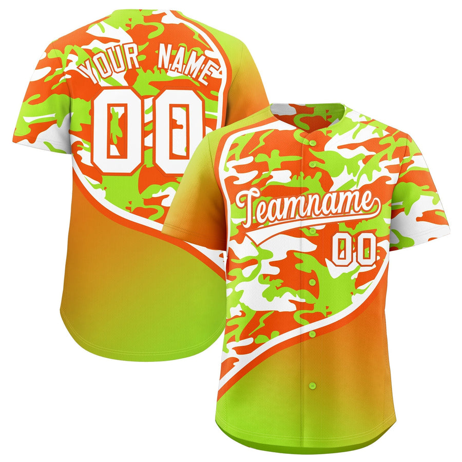 Custom Neon Green Orange White Camo Gradient Fashion Baseball Jersey | BuyFootballJersey