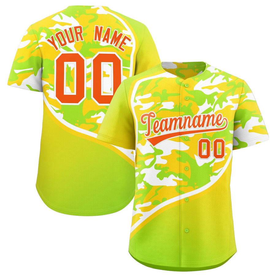 Custom Neon Green Gold White Camo Gradient Fashion Baseball Jersey | BuyFootballJersey