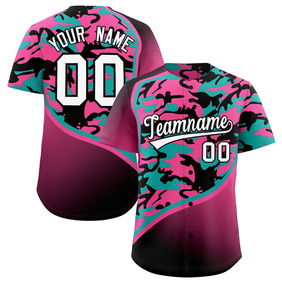 Custom Aqua Pink Black Camo Gradient Fashion Baseball Jersey | BuyFootballJersey