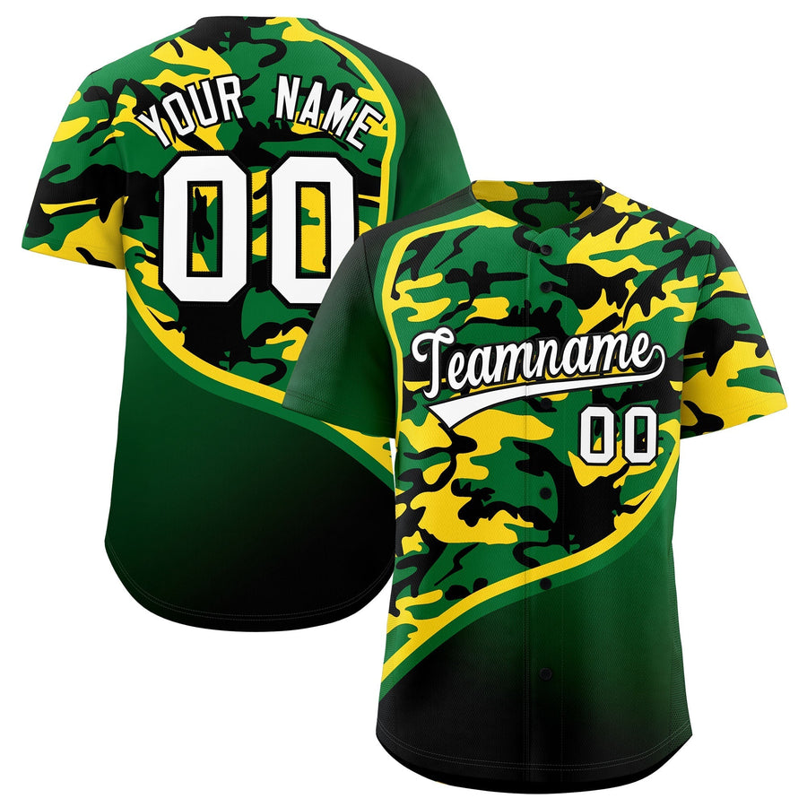 Custom Kelly Green Gold Black Camo Gradient Fashion Baseball Jersey | BuyFootballJersey