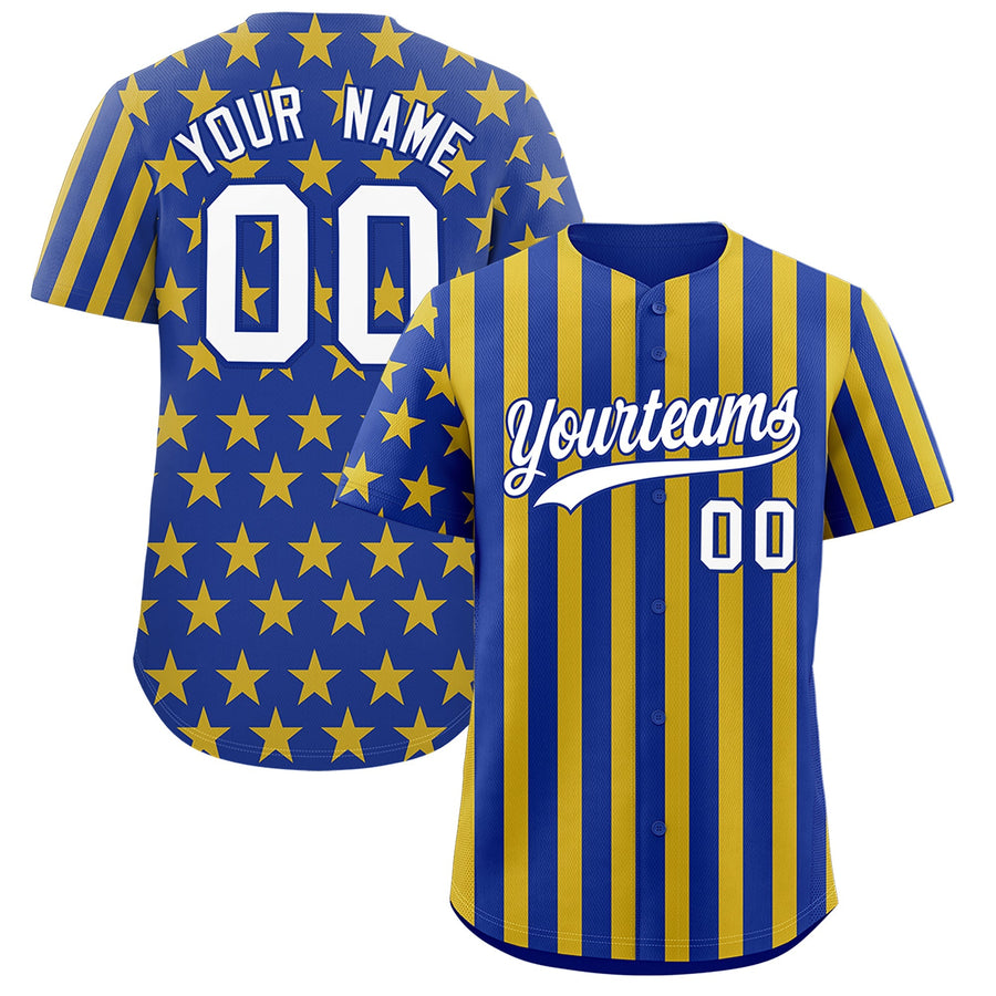 Custom Royal Blue Gold American Flag Graffiti Pattern Baseball Jersey | BuyFootballJersey