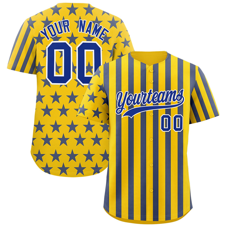 Custom Gold Royal Blue American Flag Graffiti Pattern Baseball Jersey | BuyFootballJersey