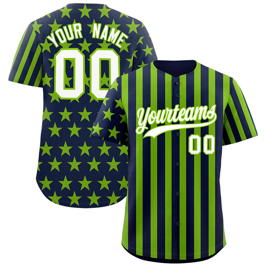 Custom Neon Green Navy American Flag Graffiti Pattern Baseball Jersey | BuyFootballJersey