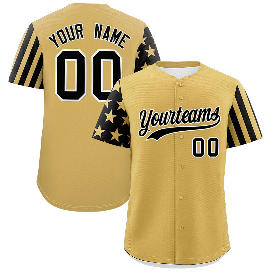 Custom Old Gold Black American Flag Raglan Sleeves Baseball Jersey | BuyFootballJersey
