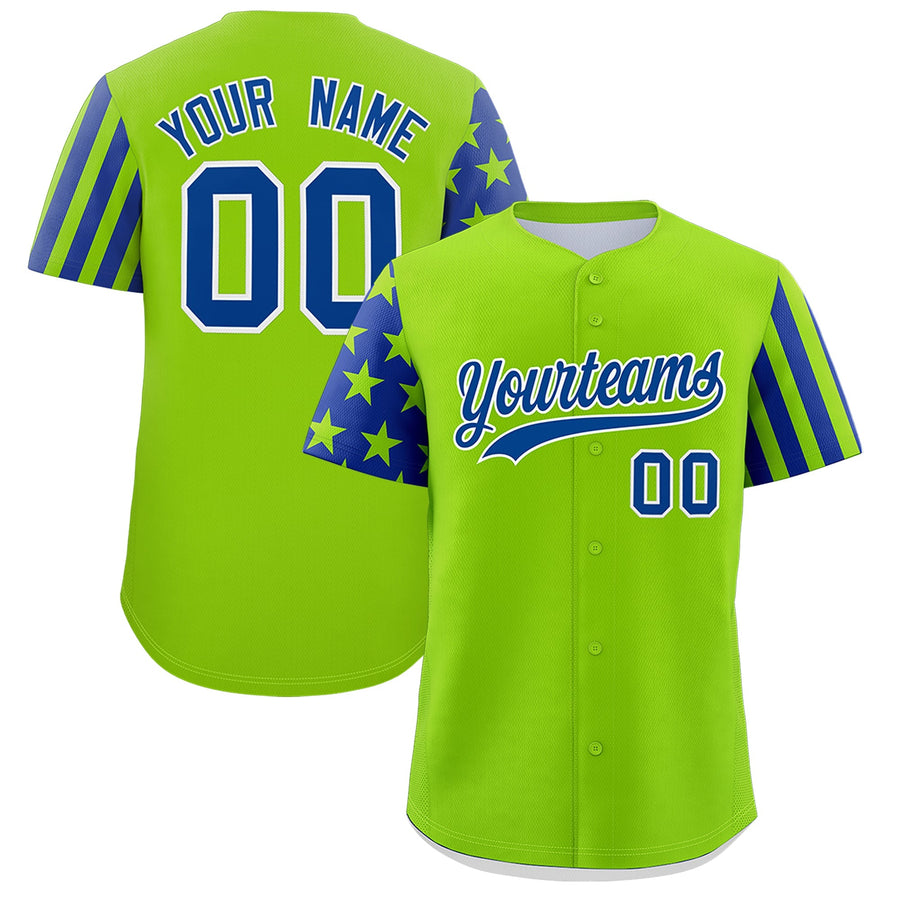 Custom Neon Green Royal Blue American Flag Raglan Sleeves Baseball Jersey | BuyFootballJersey