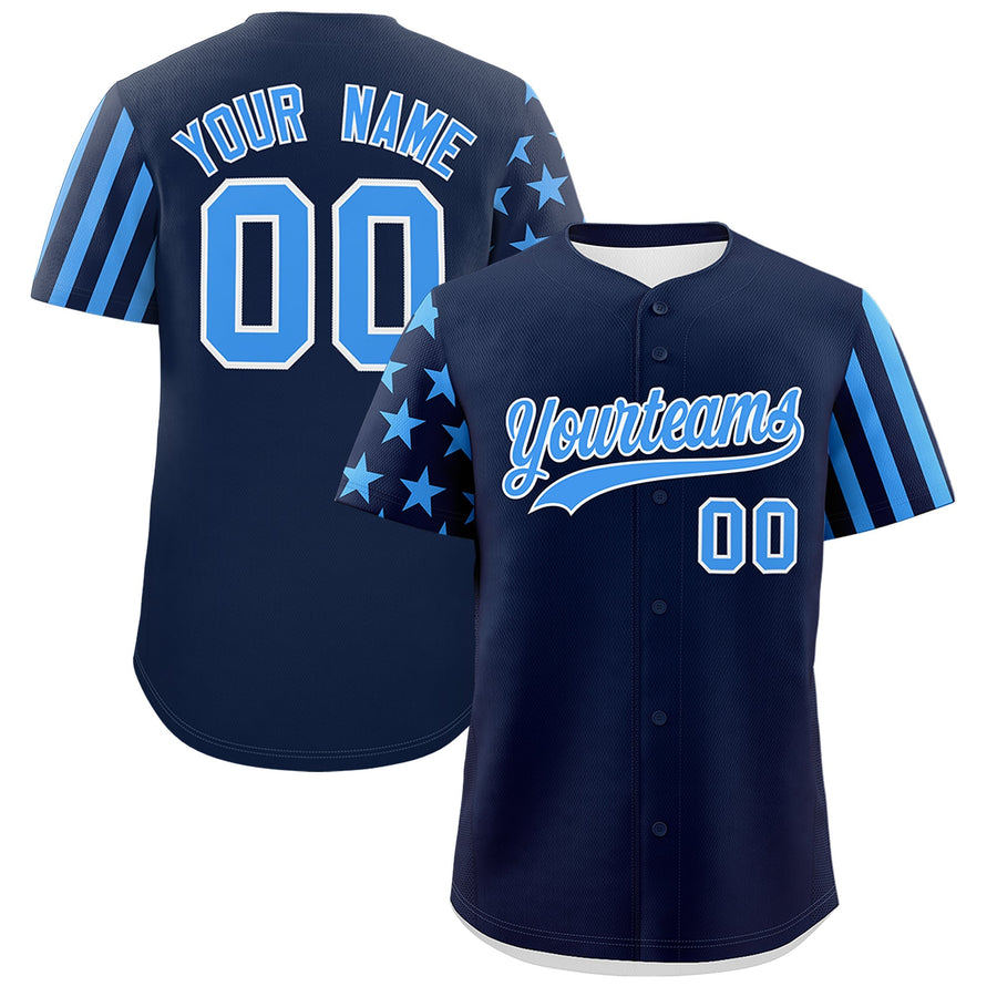 Custom Navy Powder Blue American Flag Raglan Sleeves Baseball Jersey | BuyFootballJersey