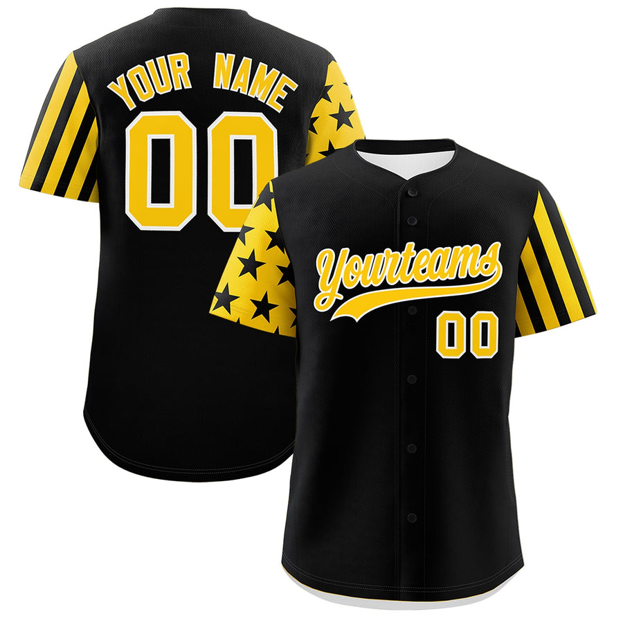 Custom Black Gold American Flag Raglan Sleeves Baseball Jersey | BuyFootballJersey