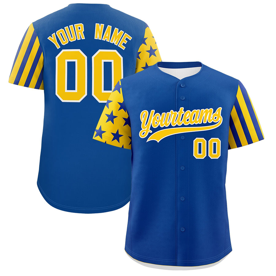 Custom Royal Blue Gold American Flag Raglan Sleeves Baseball Jersey | BuyFootballJersey