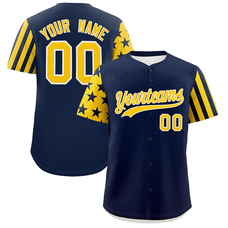 Custom Navy Gold American Flag Raglan Sleeves Baseball Jersey | BuyFootballJersey