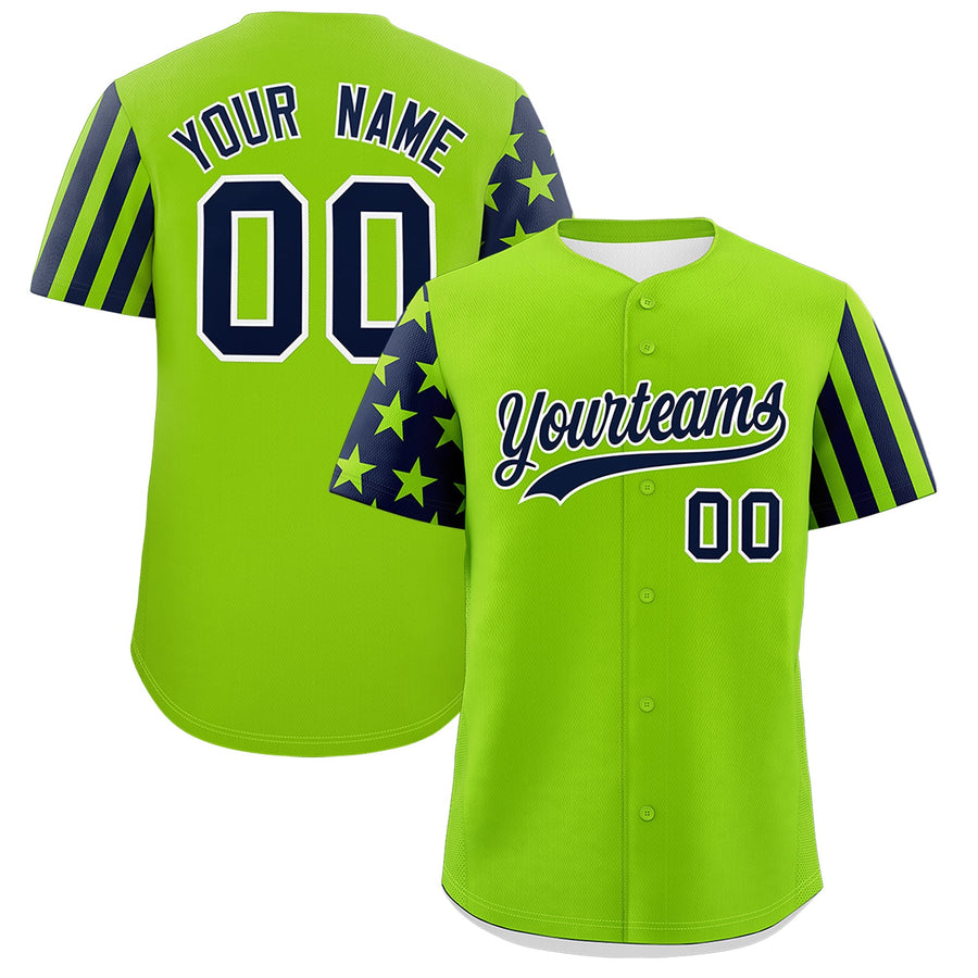 Custom Neon Green Navy American Flag Raglan Sleeves Baseball Jersey | BuyFootballJersey