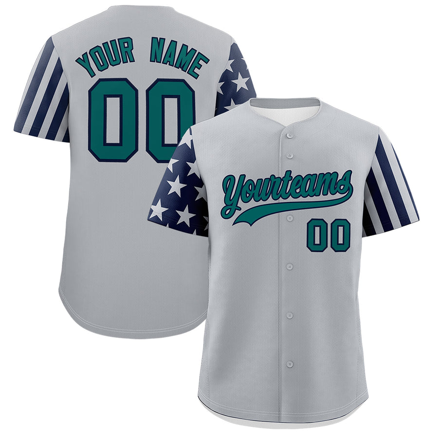 Custom Gray Navy American Flag Raglan Sleeves Baseball Jersey | BuyFootballJersey