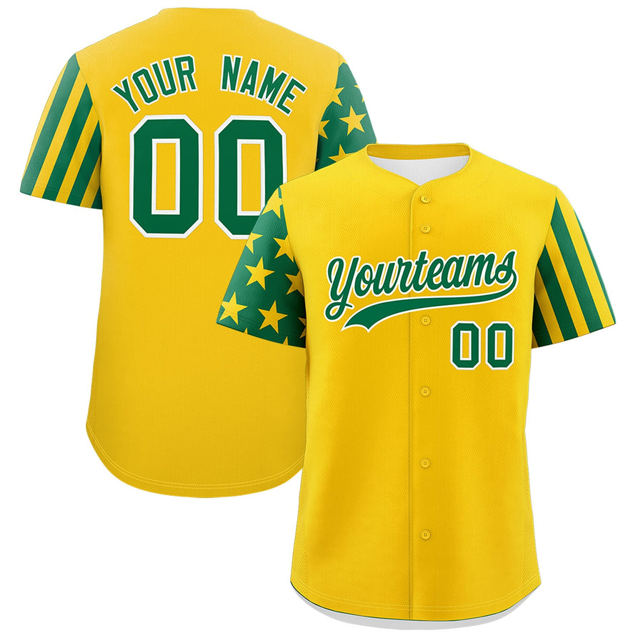 Custom Gold Kelly Green American Flag Raglan Sleeves Baseball Jersey | BuyFootballJersey