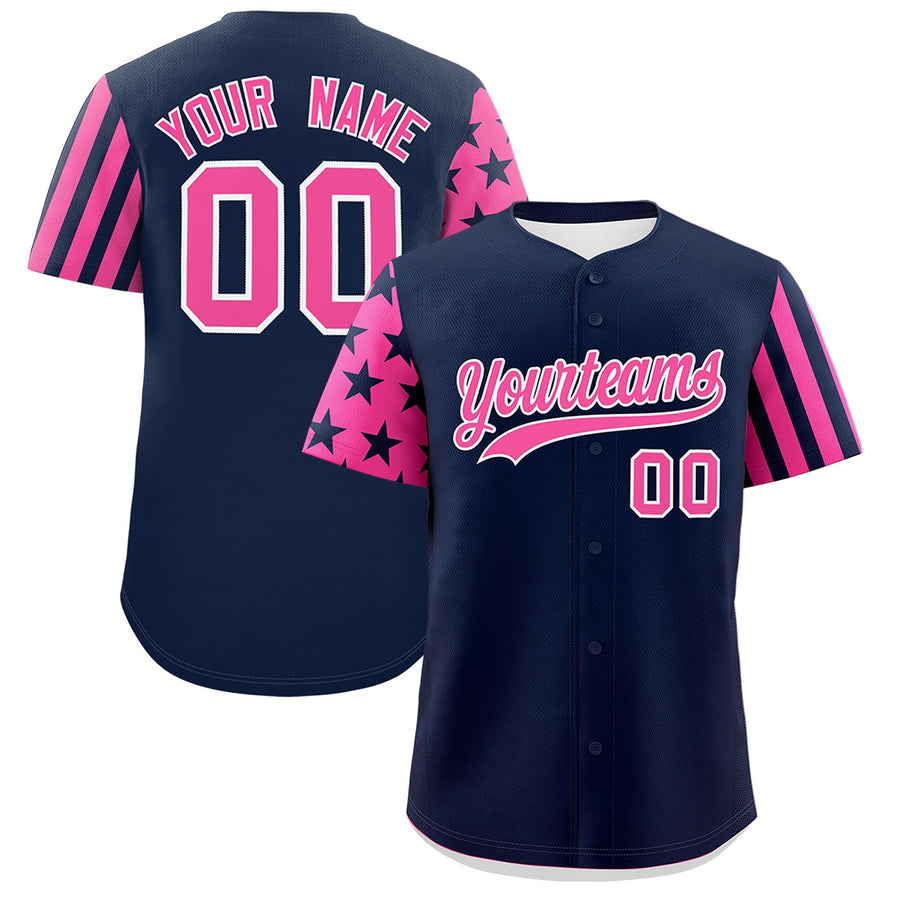 Custom Navy Pink American Flag Raglan Sleeves Baseball Jersey | BuyFootballJersey