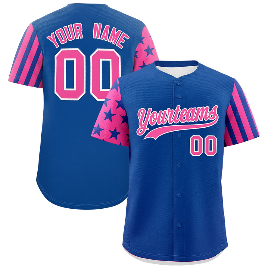 Custom Royal Blue Pink American Flag Raglan Sleeves Baseball Jersey | BuyFootballJersey