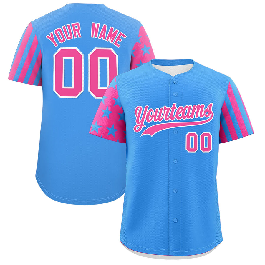 Custom Powder Blue Pink American Flag Raglan Sleeves Baseball Jersey | BuyFootballJersey