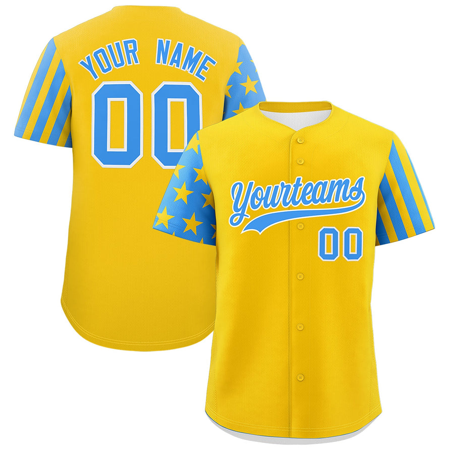 Custom Gold Powder Blue American Flag Raglan Sleeves Baseball Jersey | BuyFootballJersey