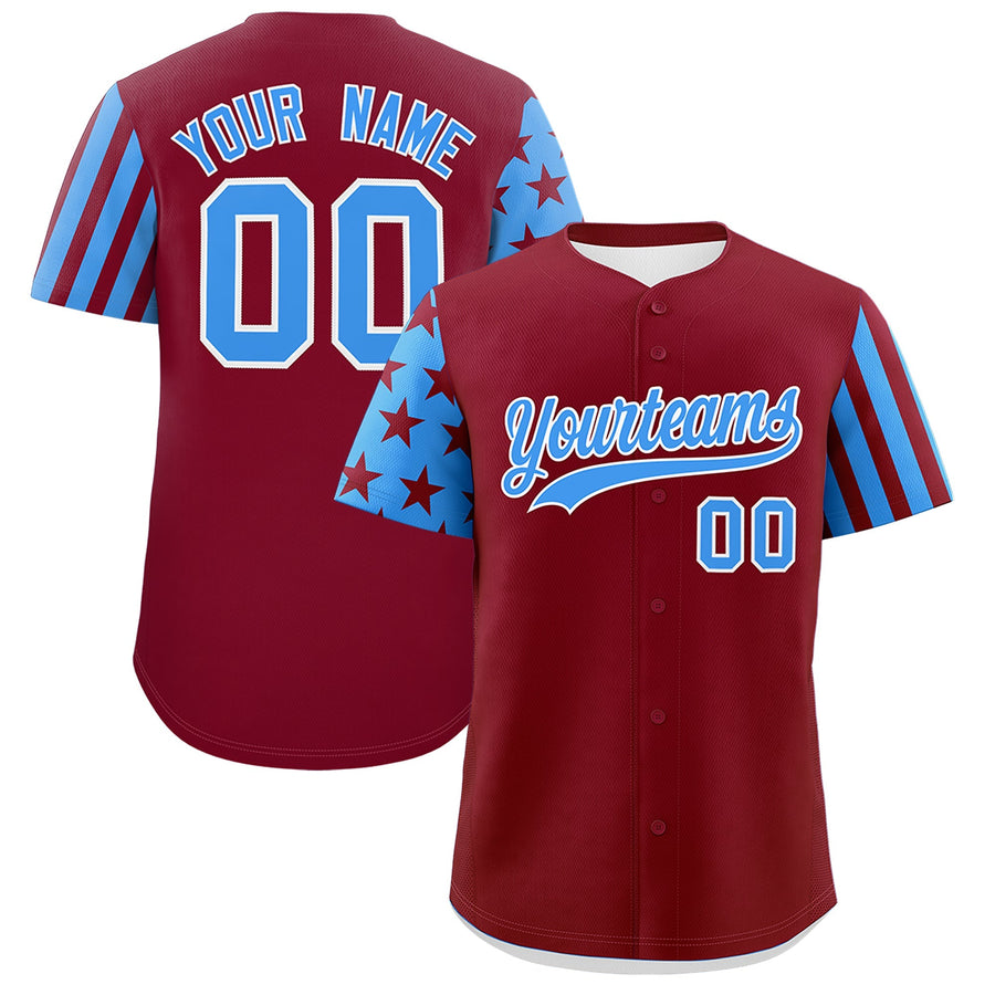 Custom Crimson Powder Blue American Flag Raglan Sleeves Baseball Jersey | BuyFootballJersey