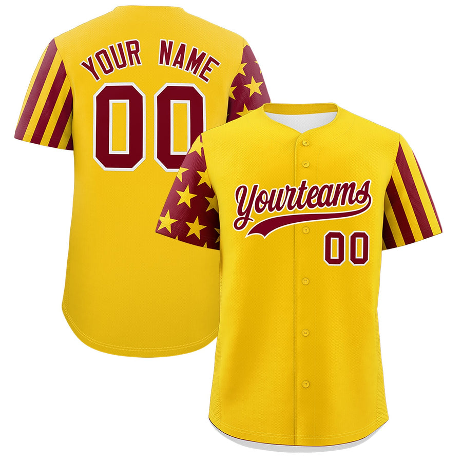 Custom Gold Crimson American Flag Raglan Sleeves Baseball Jersey | BuyFootballJersey