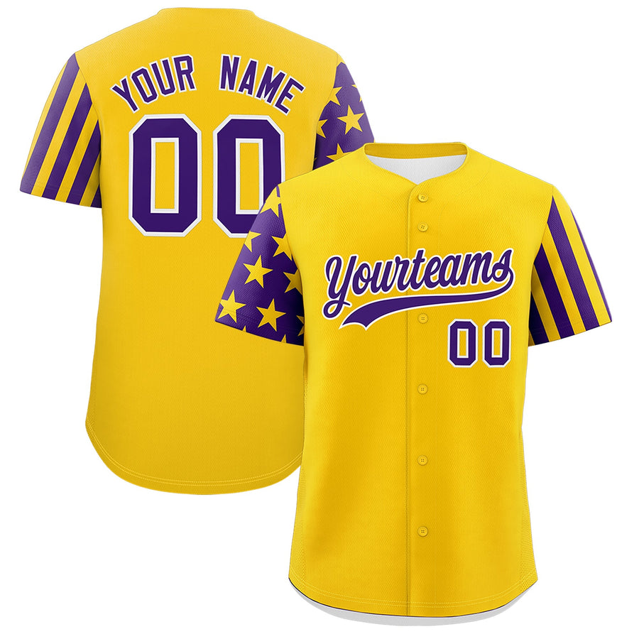 Custom Gold Purple American Flag Raglan Sleeves Baseball Jersey | BuyFootballJersey