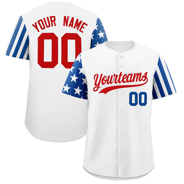 Custom White Royal Blue Red American Flag Raglan Sleeves Baseball Jersey | BuyFootballJersey