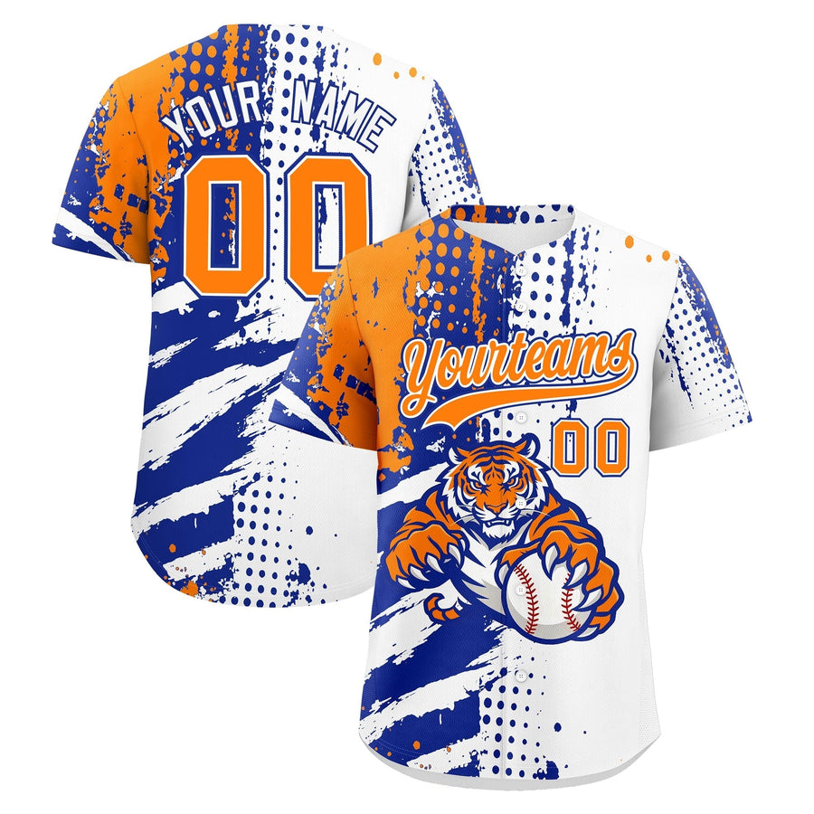 Custom White Royal Blue Orange Baseball Jersey Full-Snap Graffiti Pattern Tiger Graffiti Jersey | BuyFootballJersey