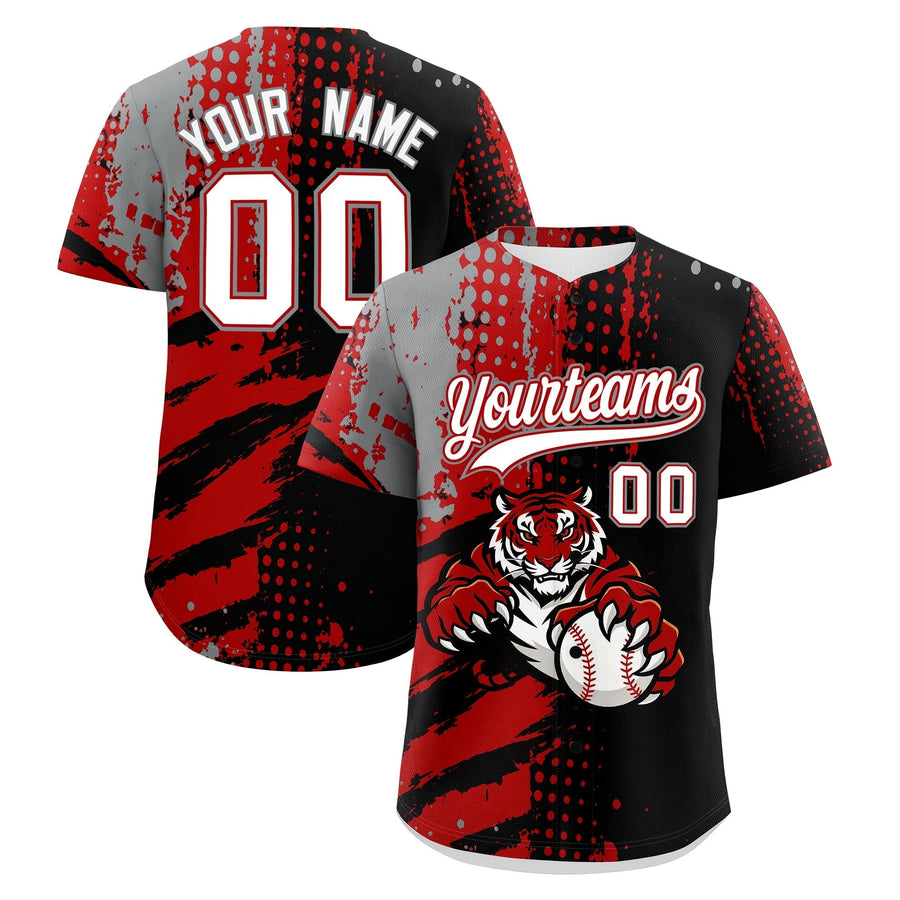 Custom Black Red Gray Baseball Jersey Full-Snap Graffiti Pattern Tiger Graffiti Jersey | BuyFootballJersey