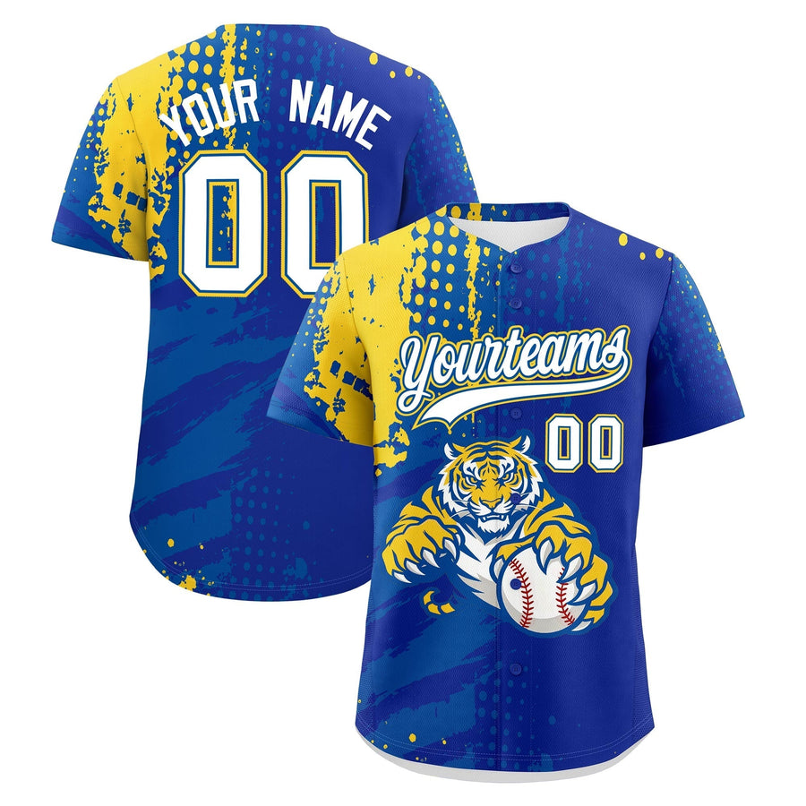 Custom Royal Blue Royal Gold Baseball Jersey Full-Snap Graffiti Pattern Tiger Graffiti Jersey | BuyFootballJersey