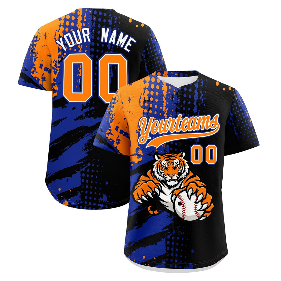 Custom Black Royal Blue Orange Baseball Jersey Full-Snap Graffiti Pattern Tiger Graffiti Jersey | BuyFootballJersey