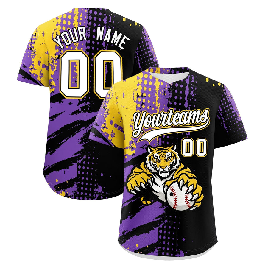 Custom Black Gold White Baseball Jersey Full-Snap Graffiti Pattern Tiger Graffiti Jersey | BuyFootballJersey
