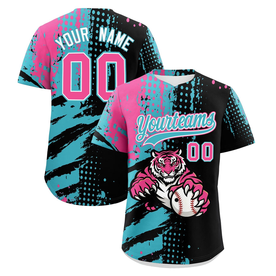 Custom Black Aqua Pink Baseball Jersey Full-Snap Graffiti Pattern Tiger Graffiti Jersey | BuyFootballJersey