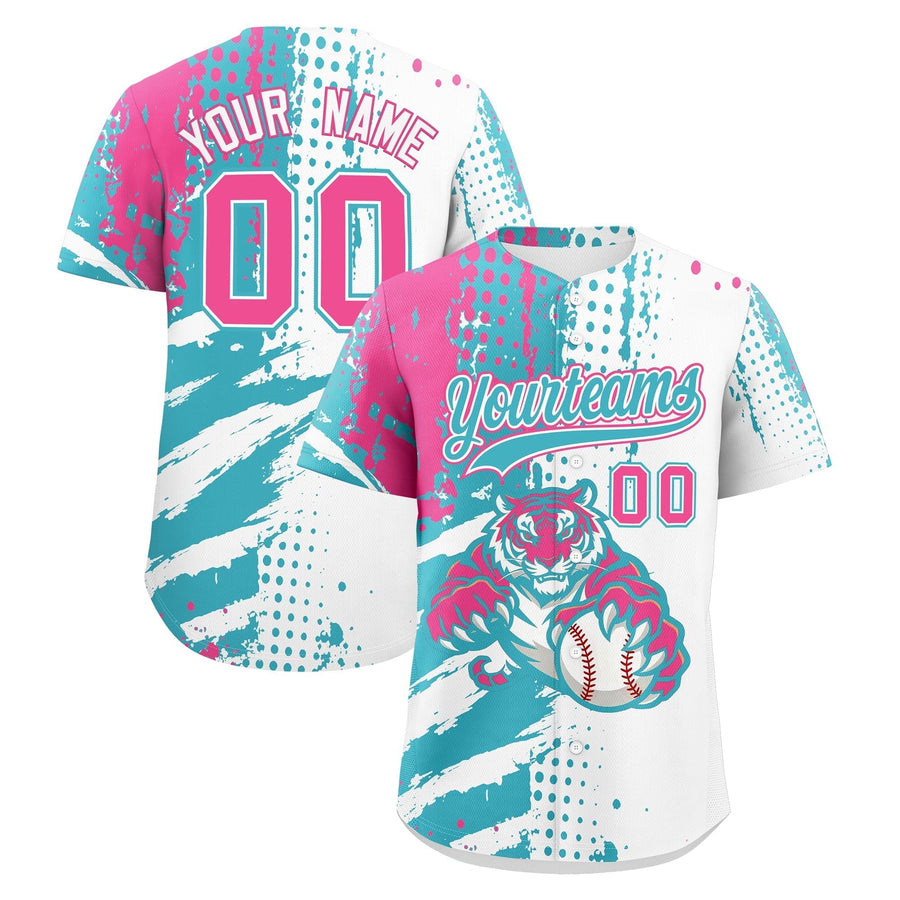 Custom White Aqua Pink Baseball Jersey Full-Snap Graffiti Pattern Tiger Graffiti Jersey | BuyFootballJersey