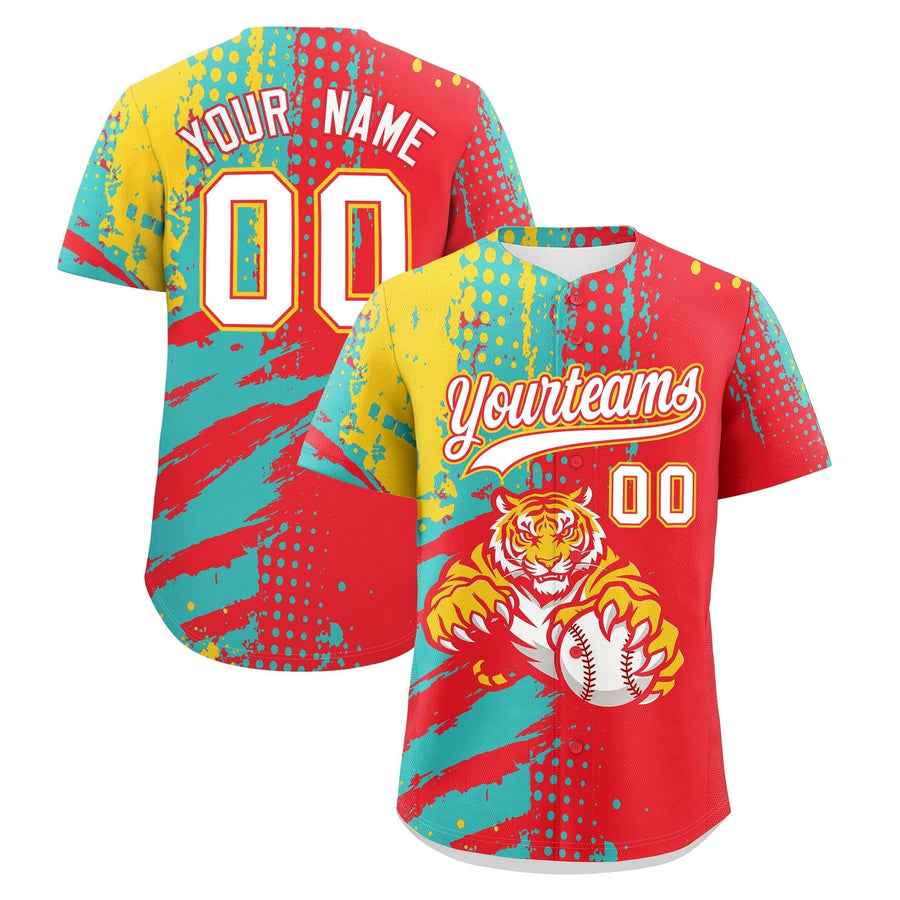 Custom Light Red Teal Gold Baseball Jersey Full-Snap Graffiti Pattern Tiger Graffiti Jersey | BuyFootballJersey