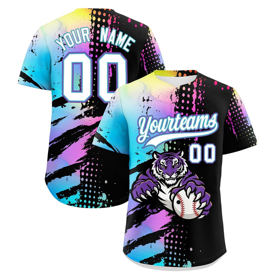 Custom Black White Sky Blue Baseball Jersey Full-Snap Graffiti Pattern Tiger Graffiti Jersey | BuyFootballJersey